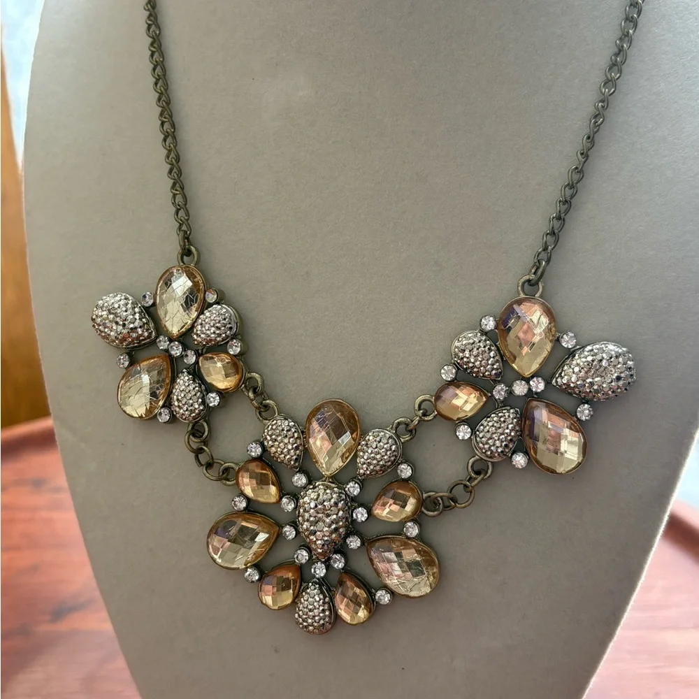 Statement Cluster Floral Necklace Bronze Tone Amber Crystals